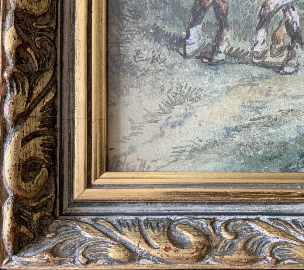 A 19th-century watercolour painting depicting draft horses pulling a timber cart along a dirt path, enclosed in a carved gilt wood frame. View VIII