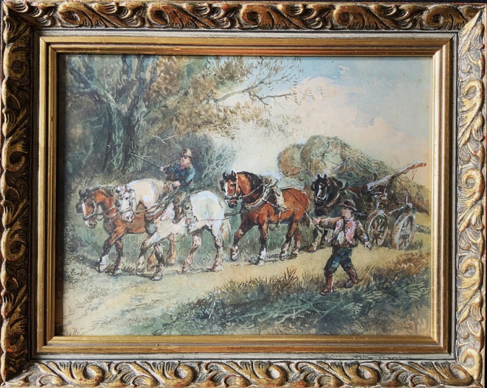 A 19th-century watercolour painting depicting draft horses pulling a timber cart along a dirt path, enclosed in a carved gilt wood frame. View XI