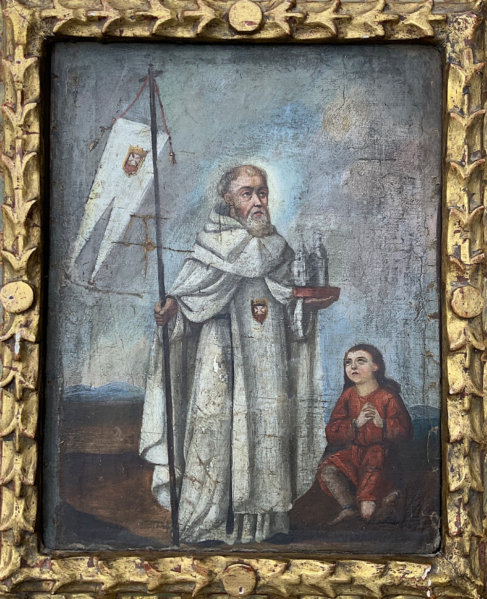 A 17th-century Spanish Baroque oil painting depicting a saint in a habit holding a banner alongside a kneeling figure, housed within an ornate carved giltwood lattice frame with mirrored glass inserts. View III
