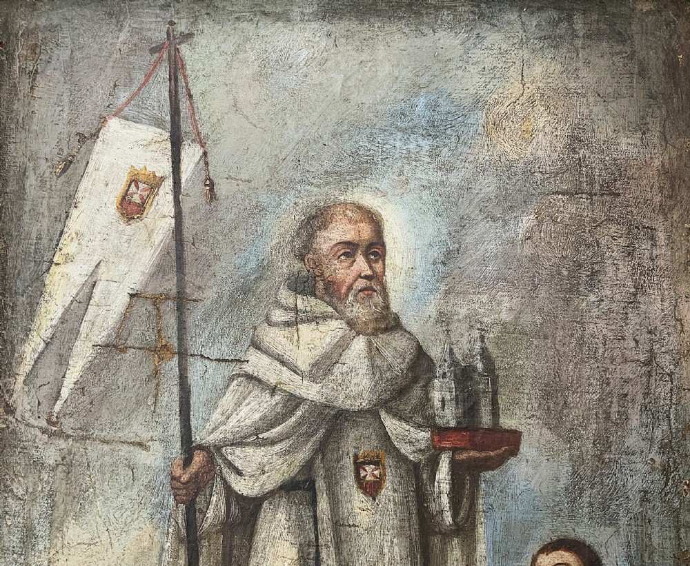 A 17th-century Spanish Baroque oil painting depicting a saint in a habit holding a banner alongside a kneeling figure, housed within an ornate carved giltwood lattice frame with mirrored glass inserts. View IV