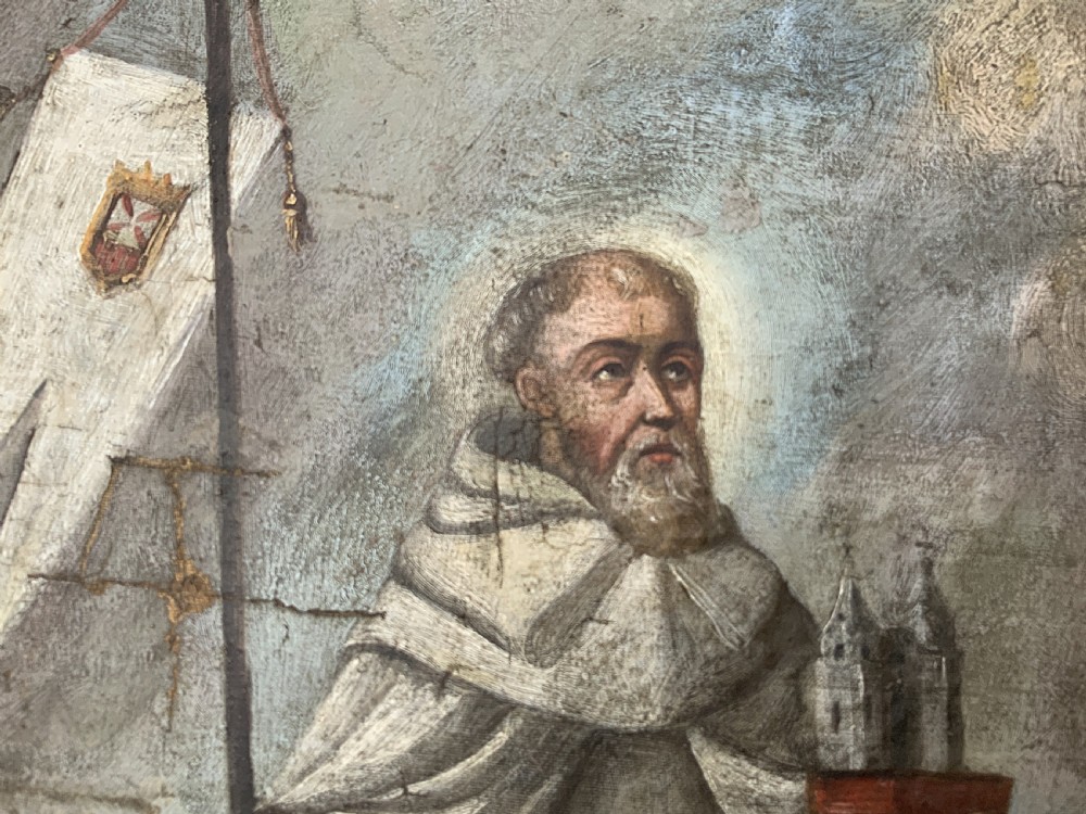 A 17th-century Spanish Baroque oil painting depicting a saint in a habit holding a banner alongside a kneeling figure, housed within an ornate carved giltwood lattice frame with mirrored glass inserts. View X