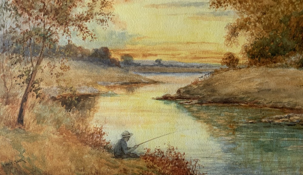 Framed antique watercolour painting depicting a figure fishing along a riverbank at sunset beside trees and cottages. View VI