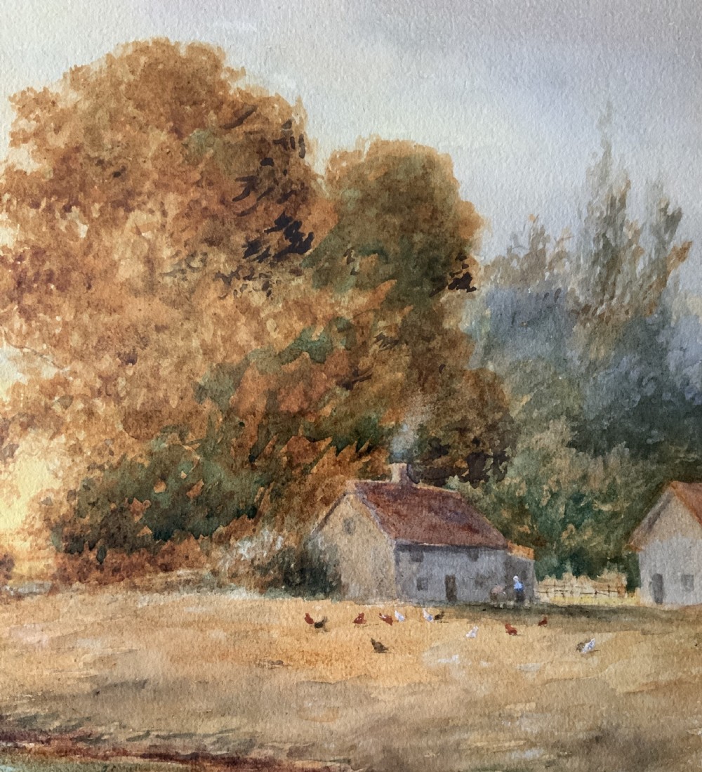 Framed antique watercolour painting depicting a figure fishing along a riverbank at sunset beside trees and cottages. View VII