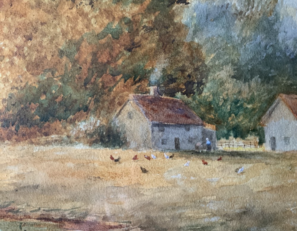 Framed antique watercolour painting depicting a figure fishing along a riverbank at sunset beside trees and cottages. View X