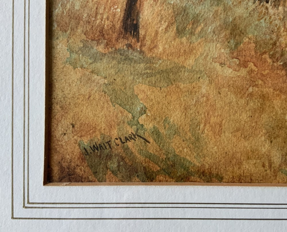Framed antique watercolour painting depicting a figure fishing along a riverbank at sunset beside trees and cottages. View XI