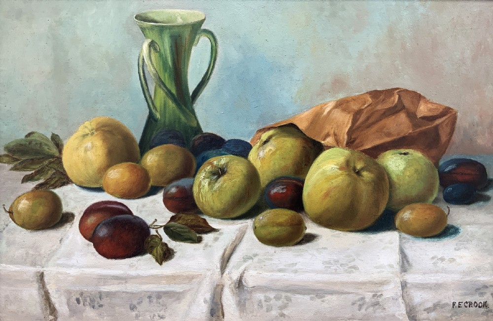 An Edwardian oil painting depicting a tabletop arrangement of apples, plums, and a green vase inside a broad gilt frame. View III