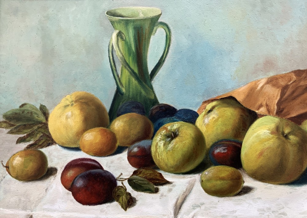 An Edwardian oil painting depicting a tabletop arrangement of apples, plums, and a green vase inside a broad gilt frame. View IV