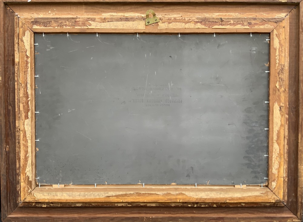 An Edwardian oil painting depicting a tabletop arrangement of apples, plums, and a green vase inside a broad gilt frame. View X
