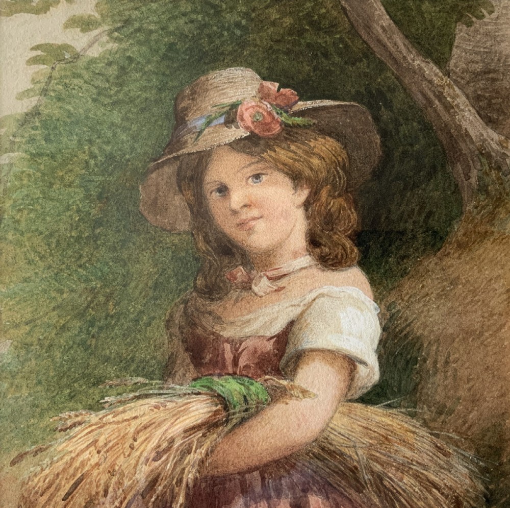 A framed Victorian watercolour painting by Charles Henry Slater depicting a young girl in a straw hat holding a sheaf of wheat. View III