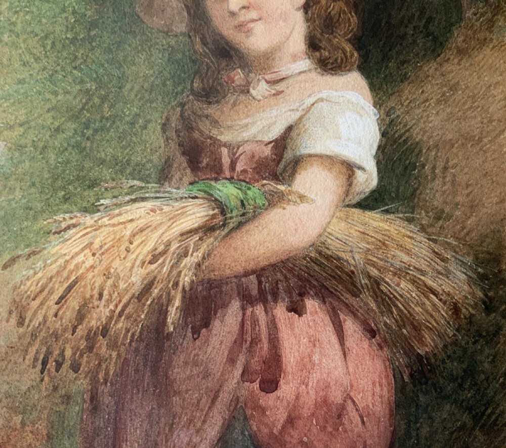 A framed Victorian watercolour painting by Charles Henry Slater depicting a young girl in a straw hat holding a sheaf of wheat. View IV