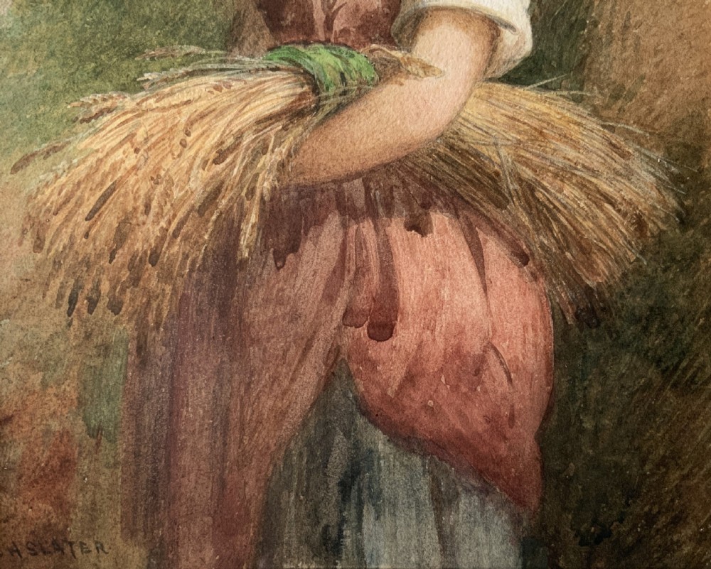 A framed Victorian watercolour painting by Charles Henry Slater depicting a young girl in a straw hat holding a sheaf of wheat. View V