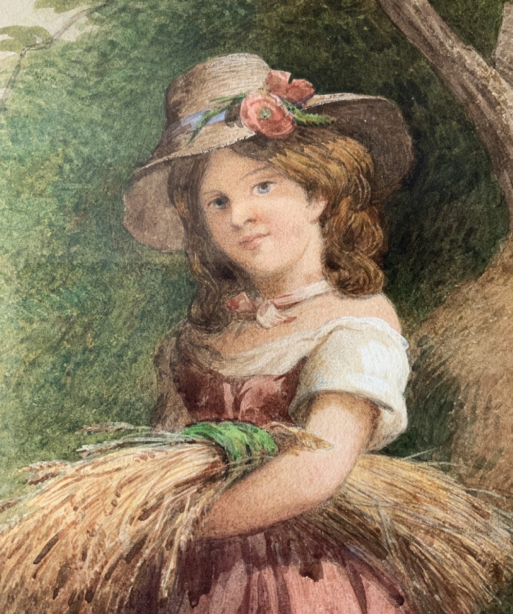 A framed Victorian watercolour painting by Charles Henry Slater depicting a young girl in a straw hat holding a sheaf of wheat. View VI