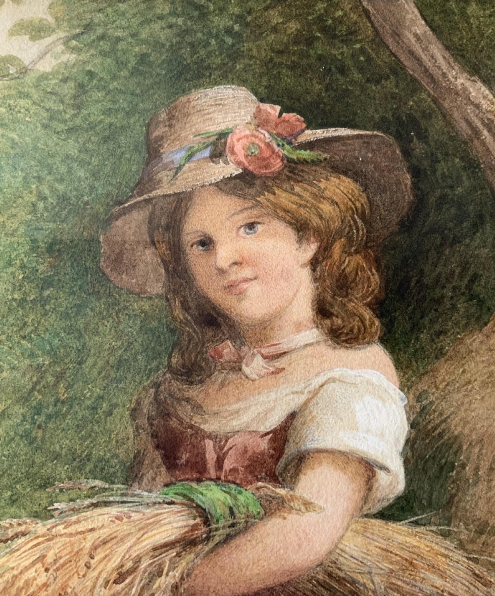 A framed Victorian watercolour painting by Charles Henry Slater depicting a young girl in a straw hat holding a sheaf of wheat. View VII