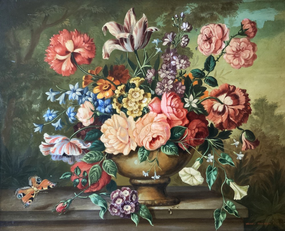 Antique Still Life Oil Painting Flowers & Butterfly By Henry Farmer (1868-1934) View III