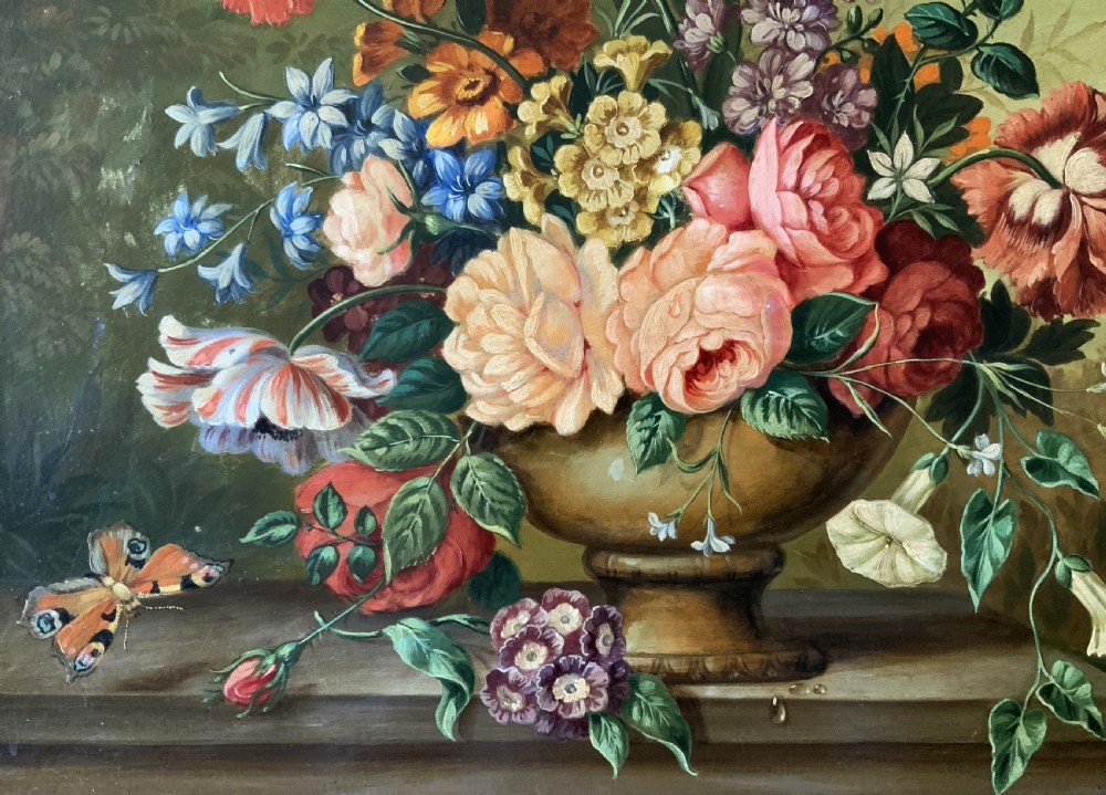 Antique Still Life Oil Painting Flowers & Butterfly By Henry Farmer (1868-1934) View IV