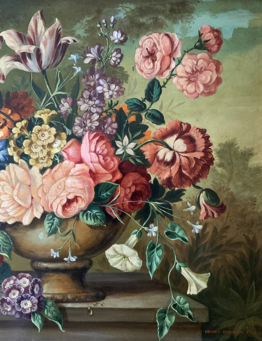 Antique Still Life Oil Painting Flowers & Butterfly By Henry Farmer (1868-1934) View V