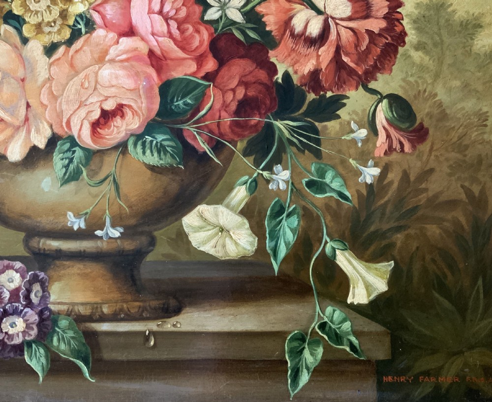 Antique Still Life Oil Painting Flowers & Butterfly By Henry Farmer (1868-1934) View X