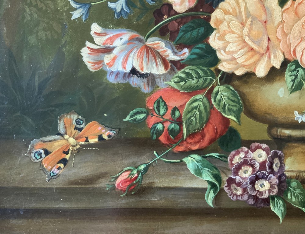 Antique Still Life Oil Painting Flowers & Butterfly By Henry Farmer (1868-1934) View XI