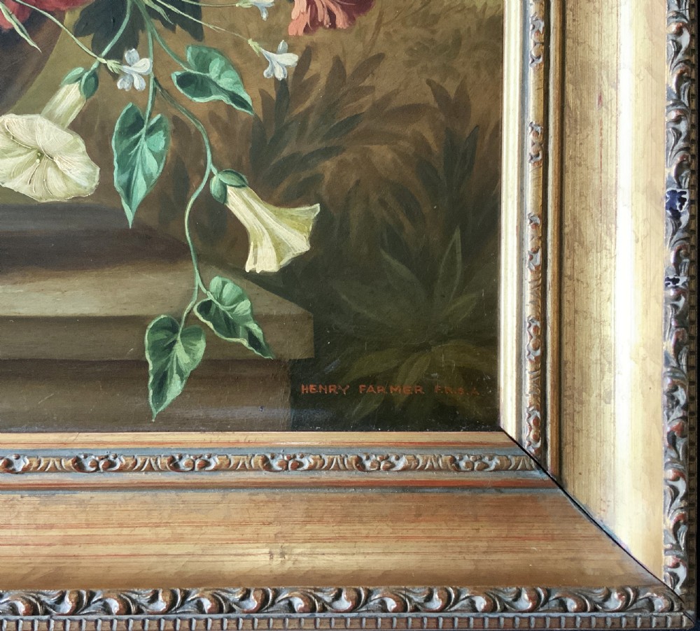 Antique Still Life Oil Painting Flowers & Butterfly By Henry Farmer (1868-1934) View XIV