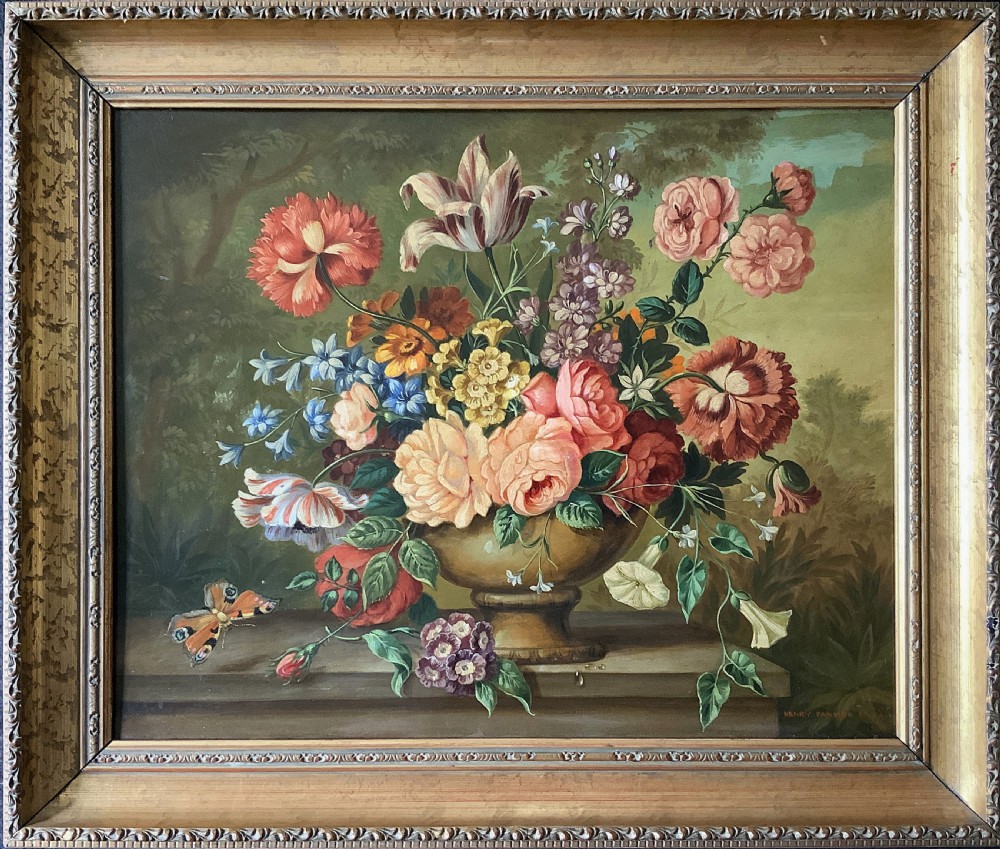 Antique Still Life Oil Painting Flowers & Butterfly By Henry Farmer (1868-1934) View XVI