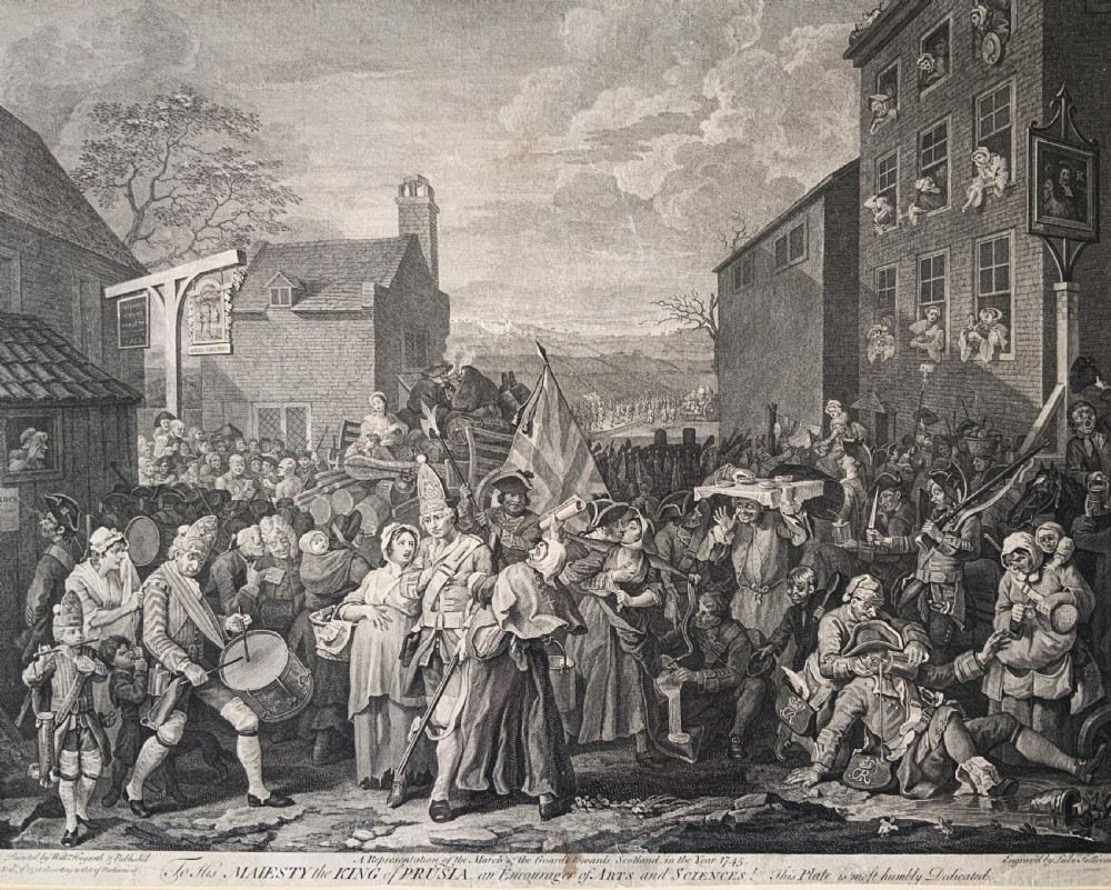 An 18th-century black and white satirical engraving depicting a crowded street scene with soldiers, housed in a black and gold frame with a cream mount. View II