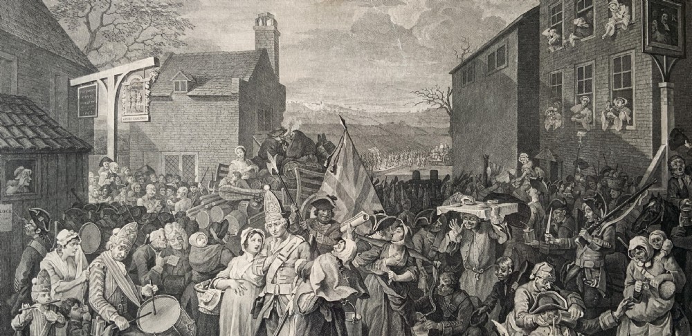 An 18th-century black and white satirical engraving depicting a crowded street scene with soldiers, housed in a black and gold frame with a cream mount. View IV