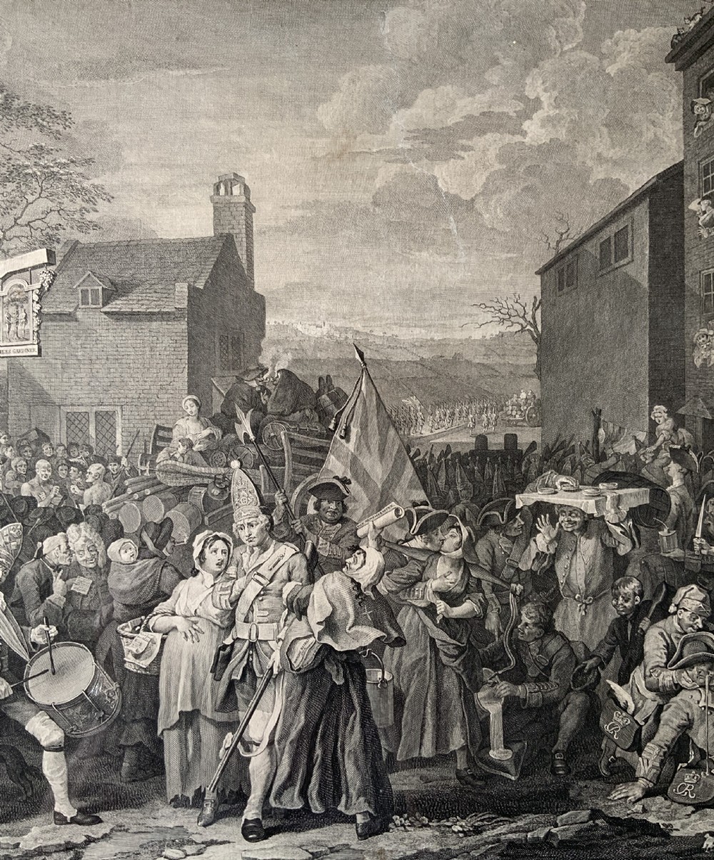 An 18th-century black and white satirical engraving depicting a crowded street scene with soldiers, housed in a black and gold frame with a cream mount. View VIII