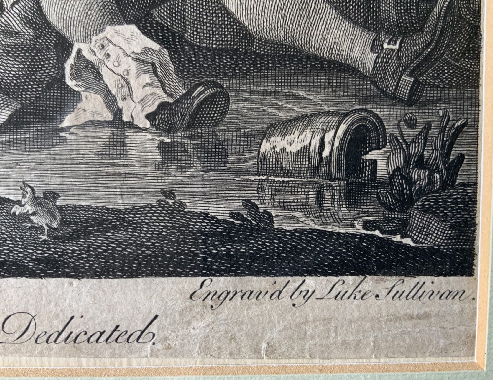 An 18th-century black and white satirical engraving depicting a crowded street scene with soldiers, housed in a black and gold frame with a cream mount. View XIII