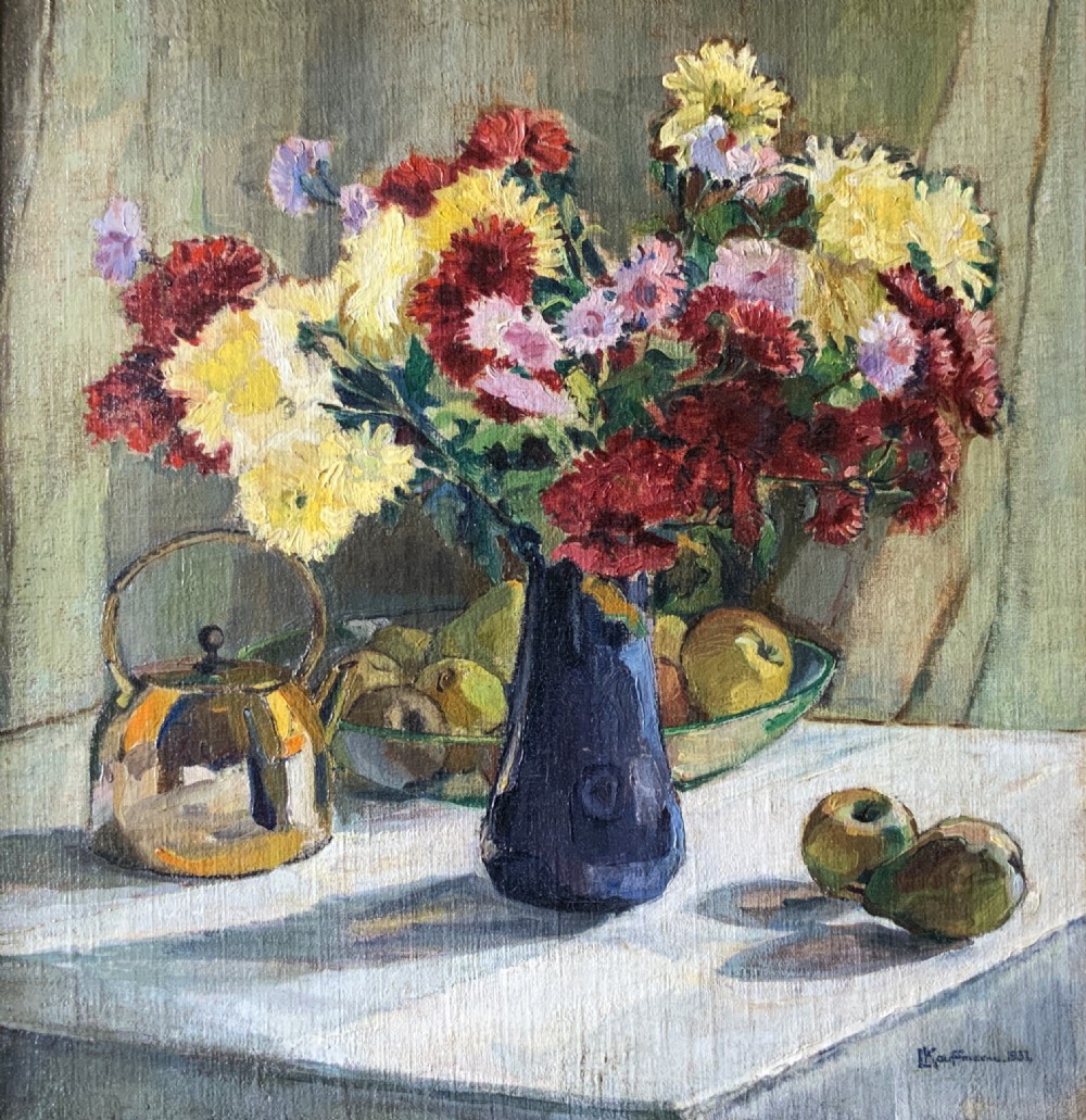 A framed 1931 impressionist oil painting depicting a vase of colourful flowers, a brass kettle, and fruit on a white draped table. View III