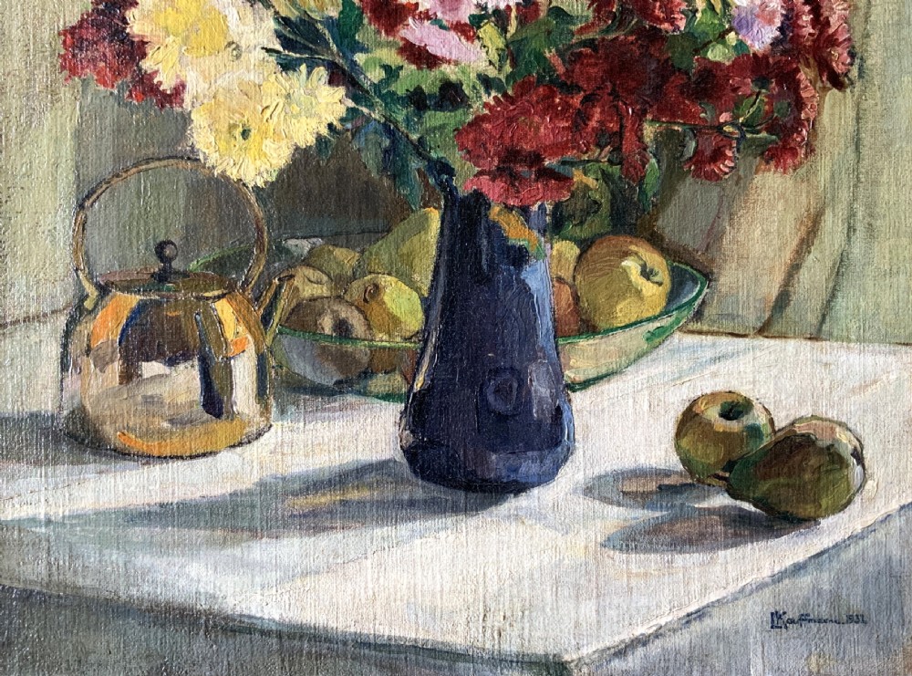 A framed 1931 impressionist oil painting depicting a vase of colourful flowers, a brass kettle, and fruit on a white draped table. View VI