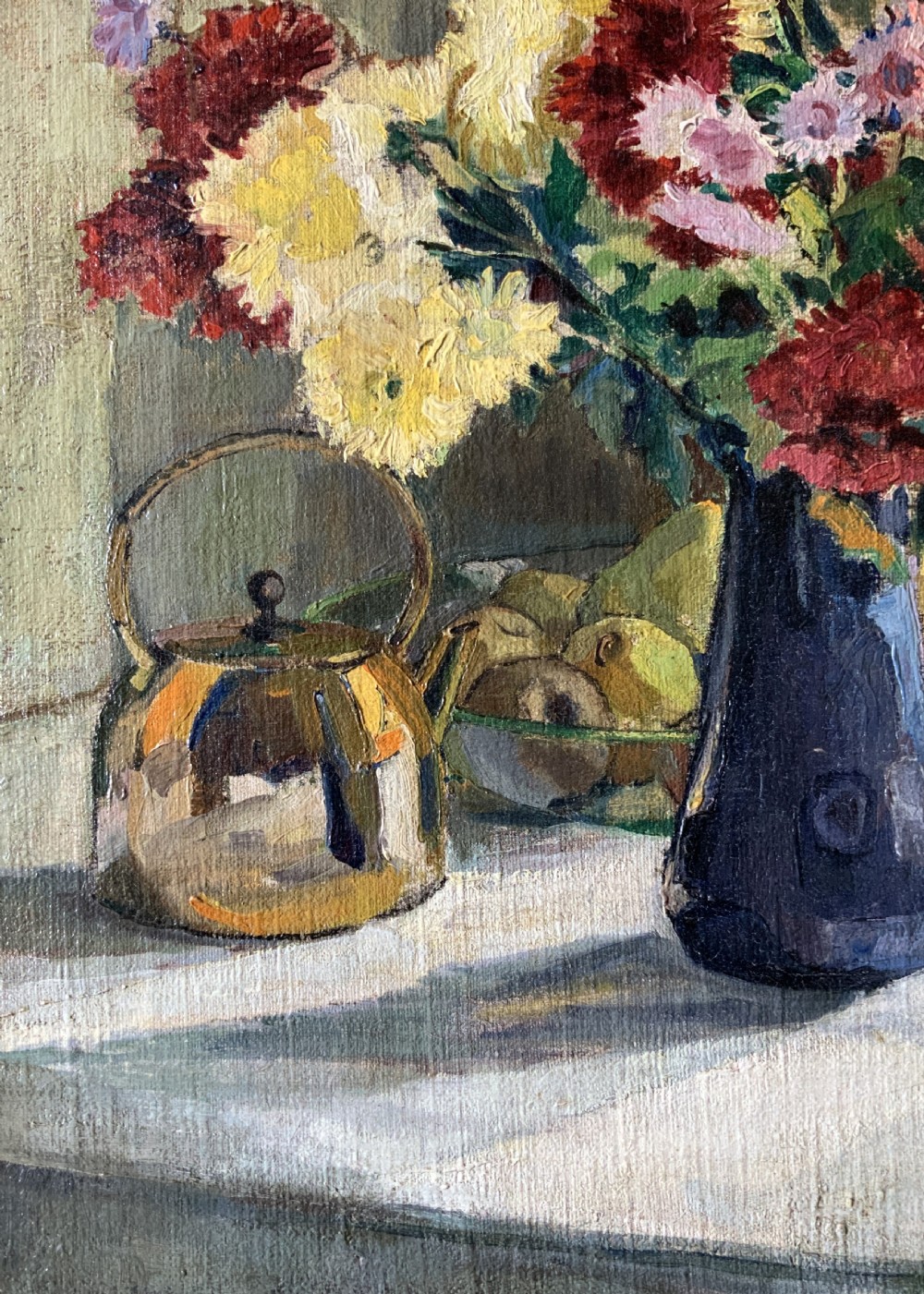 A framed 1931 impressionist oil painting depicting a vase of colourful flowers, a brass kettle, and fruit on a white draped table. View VII