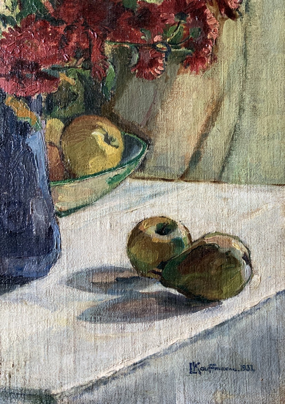 A framed 1931 impressionist oil painting depicting a vase of colourful flowers, a brass kettle, and fruit on a white draped table. View IX