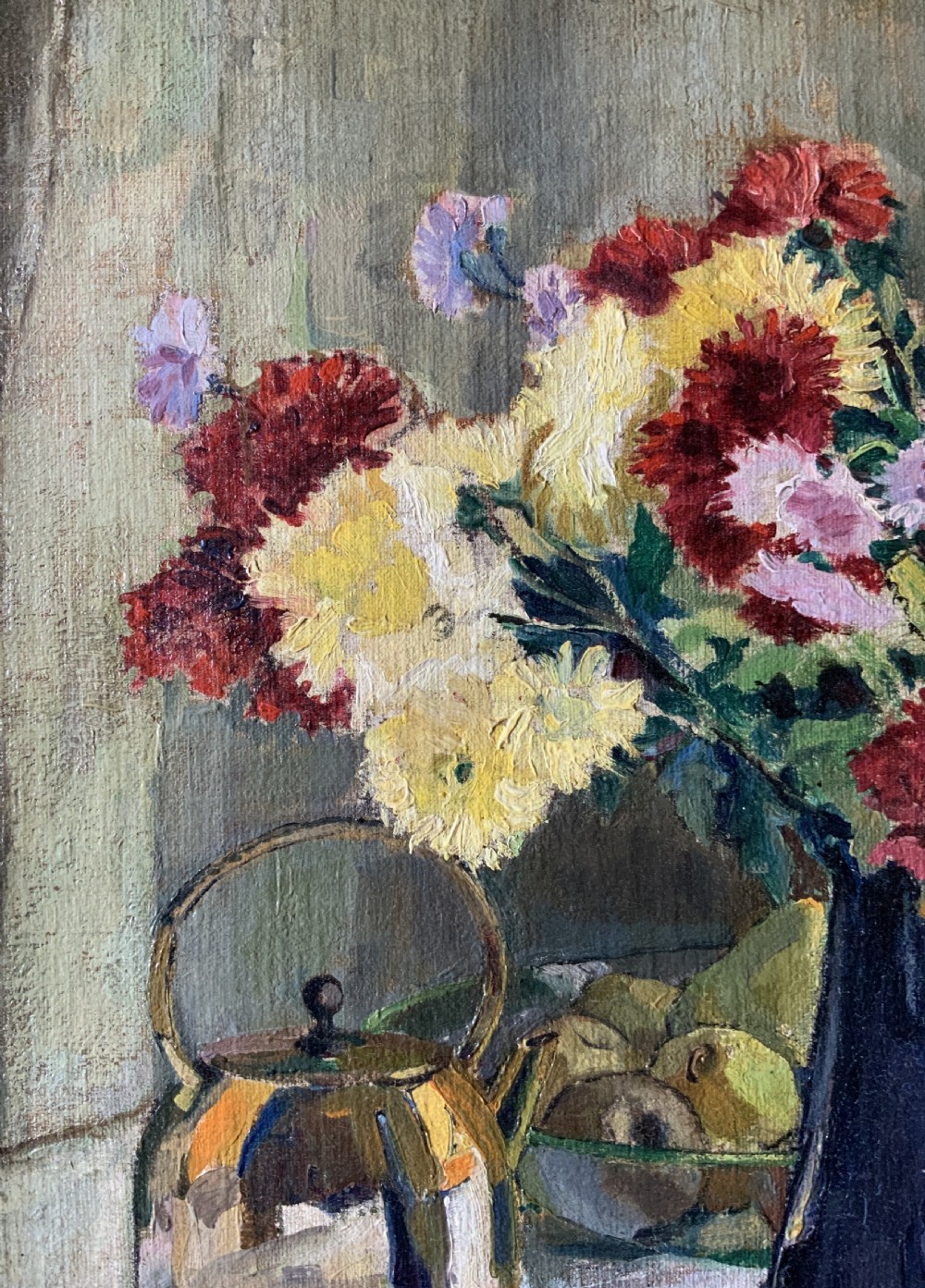 A framed 1931 impressionist oil painting depicting a vase of colourful flowers, a brass kettle, and fruit on a white draped table. View XI