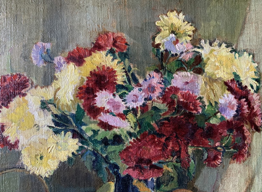 A framed 1931 impressionist oil painting depicting a vase of colourful flowers, a brass kettle, and fruit on a white draped table. View XII