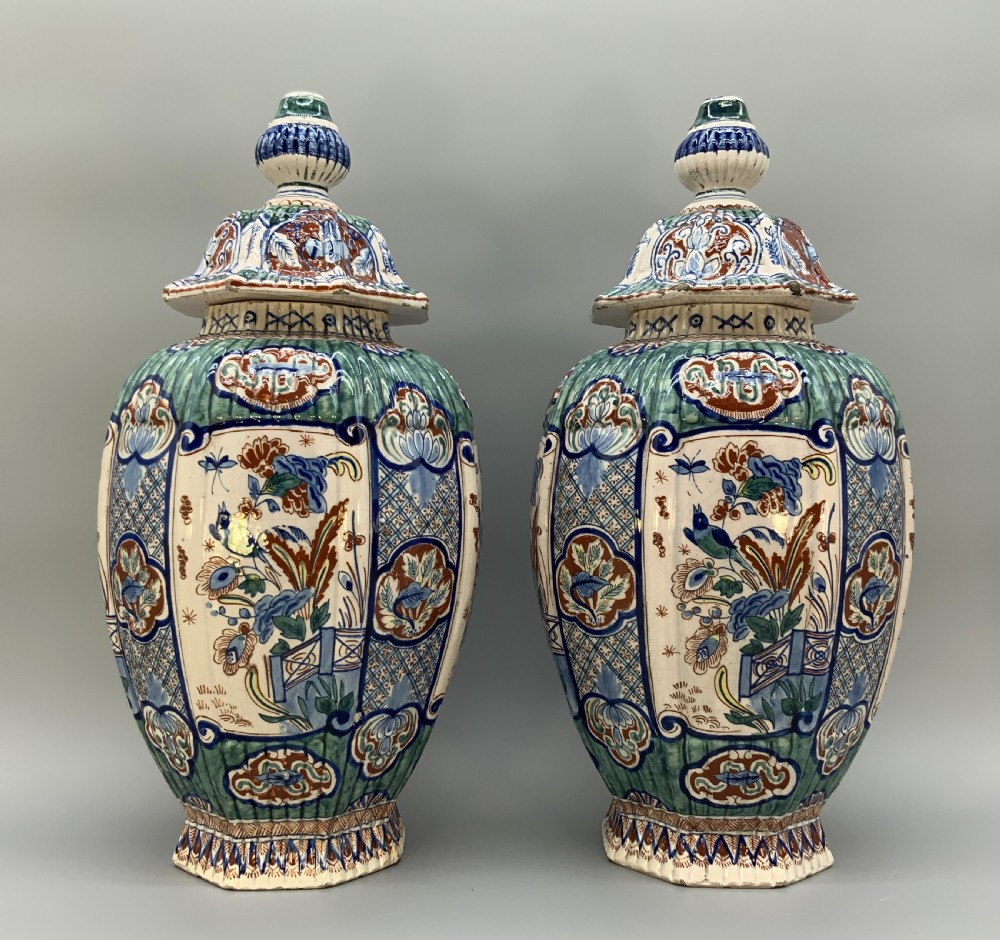 Huge Pair c. 1800 Dutch Delft Polychrome Chinoiserie Ribbed Vases Vase