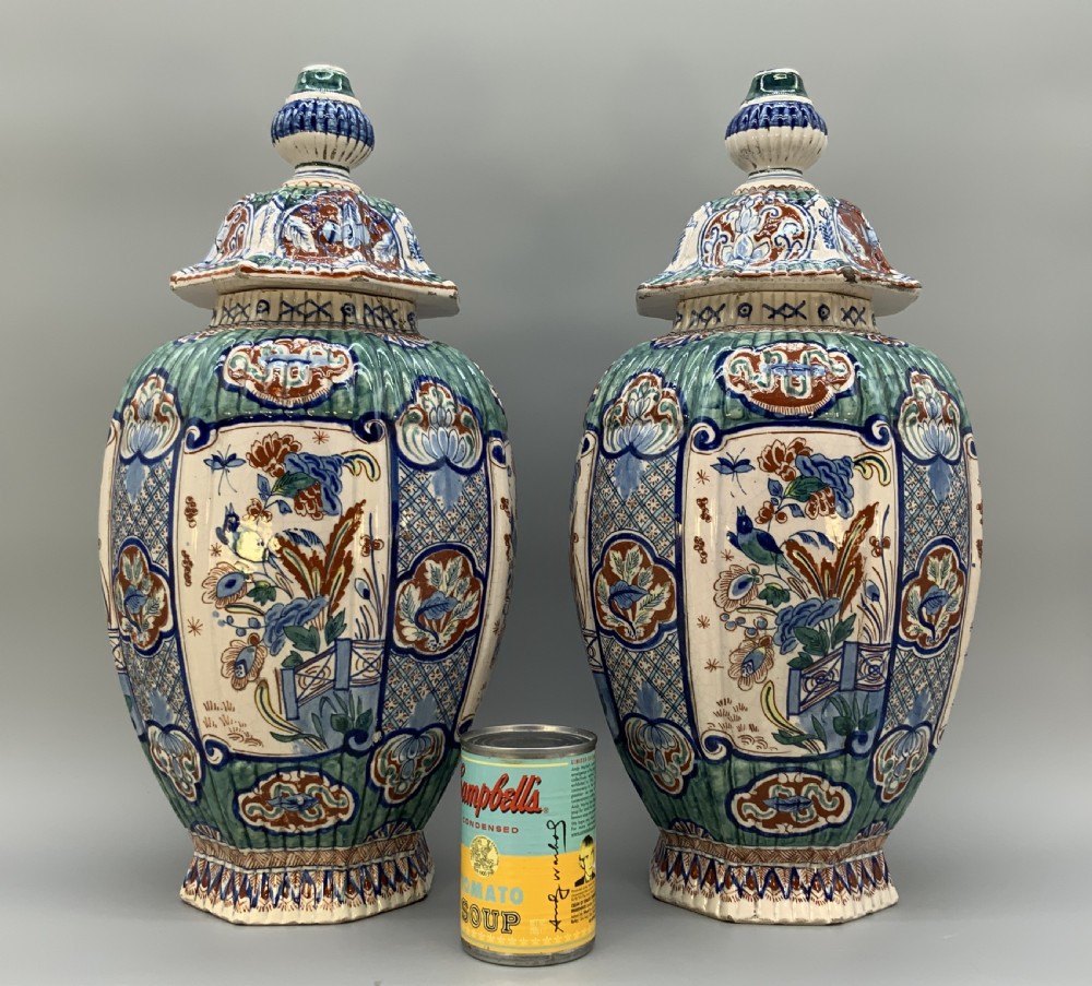 Huge Pair c. 1800 Dutch Delft Polychrome Chinoiserie Ribbed Vases Vase View III