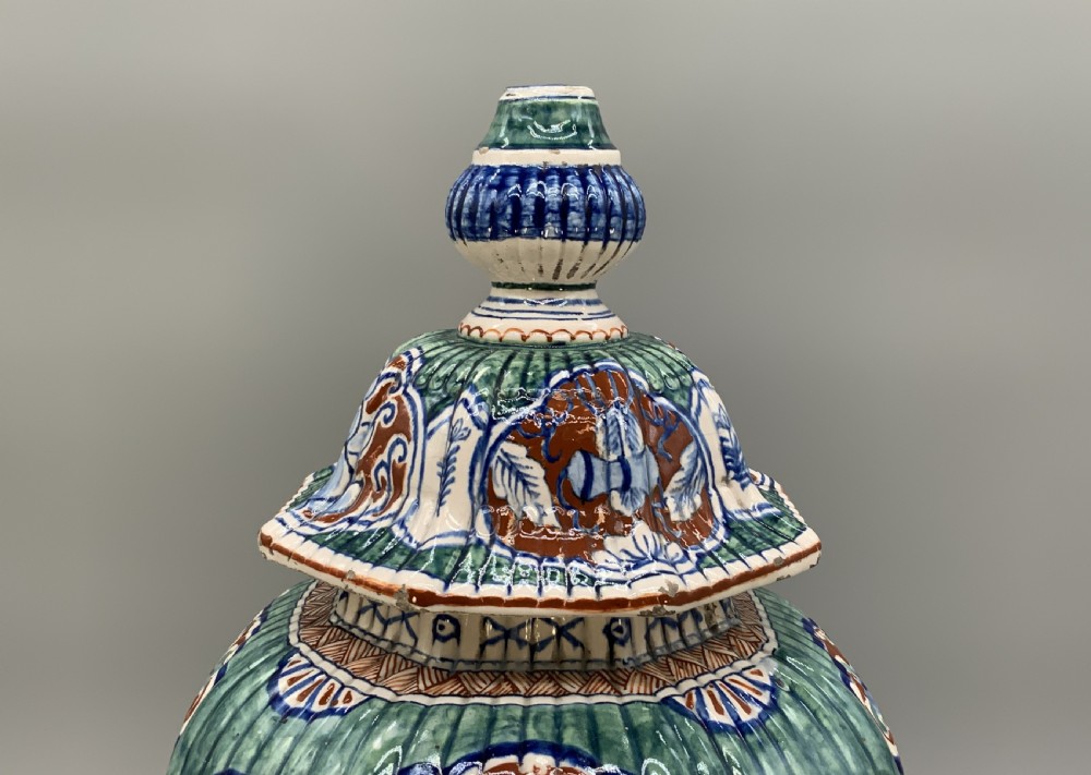 Huge Pair c. 1800 Dutch Delft Polychrome Chinoiserie Ribbed Vases Vase View V