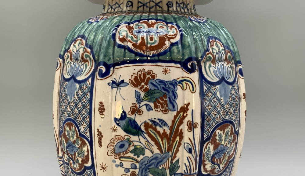 Huge Pair c. 1800 Dutch Delft Polychrome Chinoiserie Ribbed Vases Vase View VI
