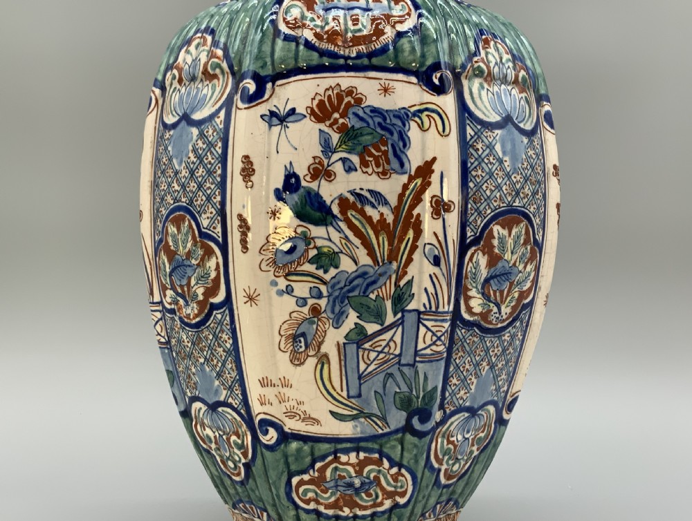 Huge Pair c. 1800 Dutch Delft Polychrome Chinoiserie Ribbed Vases Vase View VII