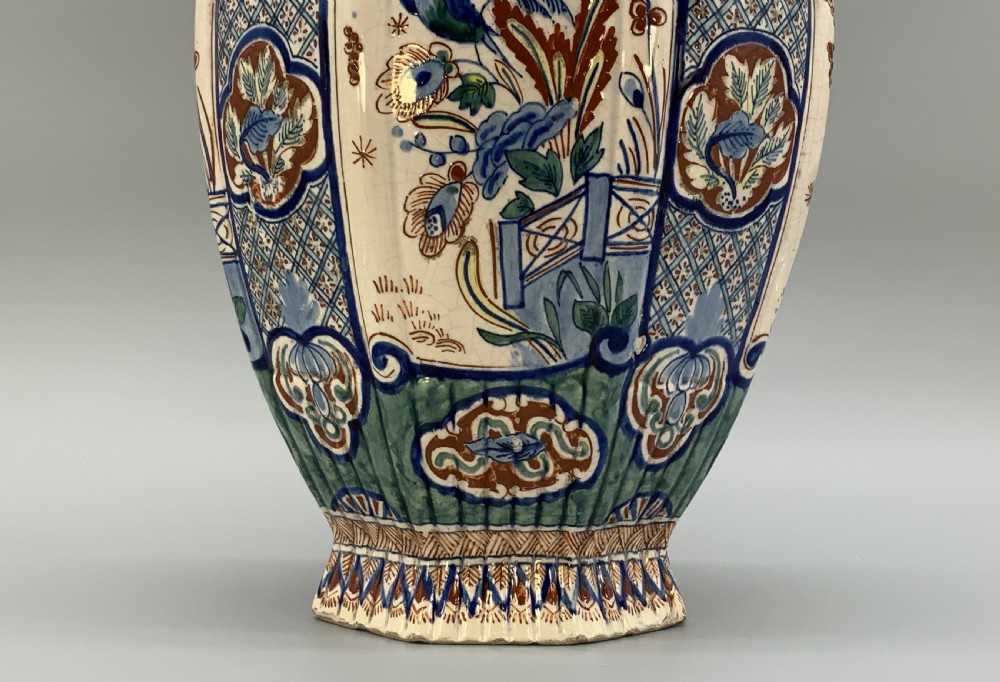 Huge Pair c. 1800 Dutch Delft Polychrome Chinoiserie Ribbed Vases Vase View VIII