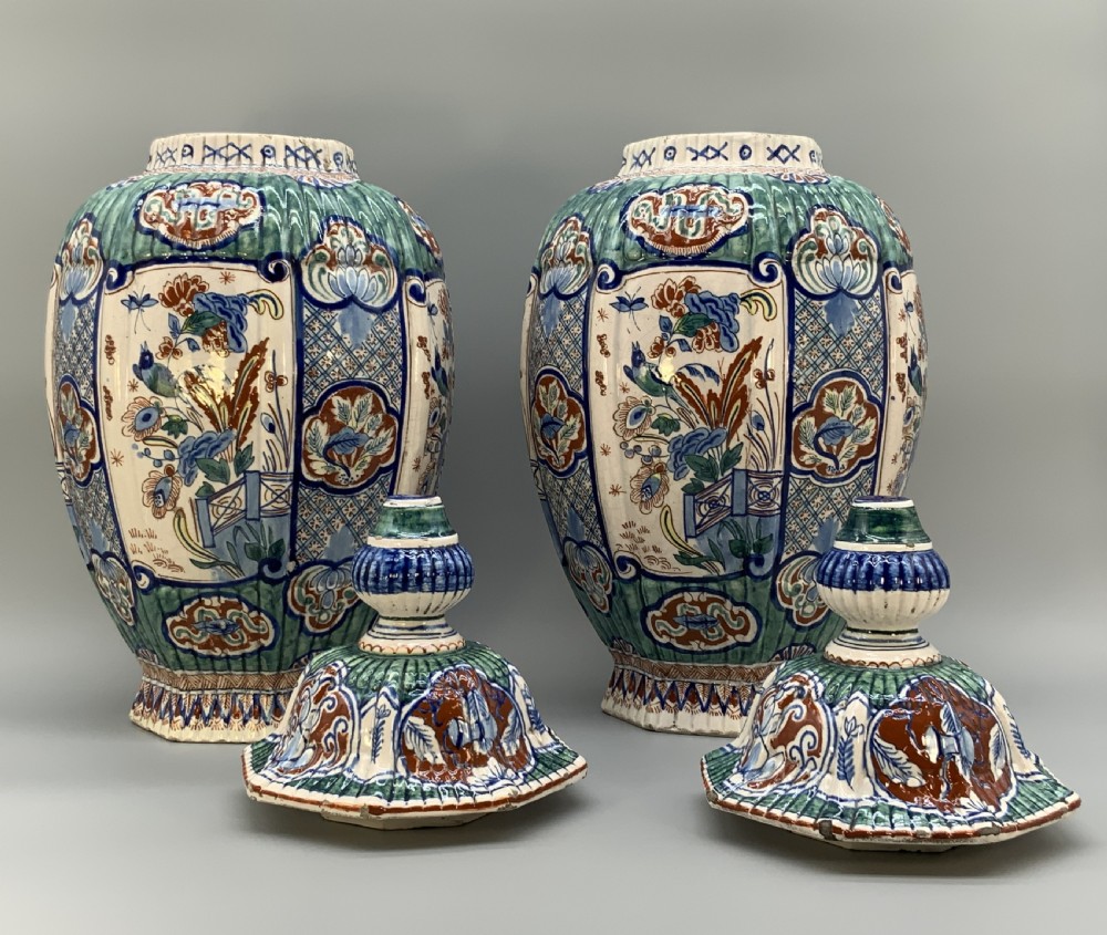 Huge Pair c. 1800 Dutch Delft Polychrome Chinoiserie Ribbed Vases Vase View IX