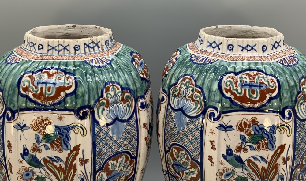 Huge Pair c. 1800 Dutch Delft Polychrome Chinoiserie Ribbed Vases Vase View X