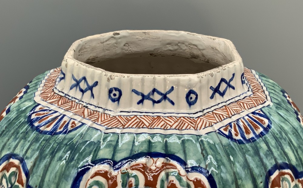 Huge Pair c. 1800 Dutch Delft Polychrome Chinoiserie Ribbed Vases Vase View XII