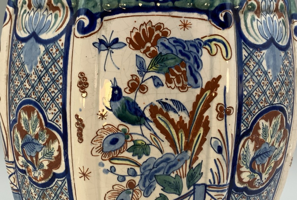 Huge Pair c. 1800 Dutch Delft Polychrome Chinoiserie Ribbed Vases Vase View XIII