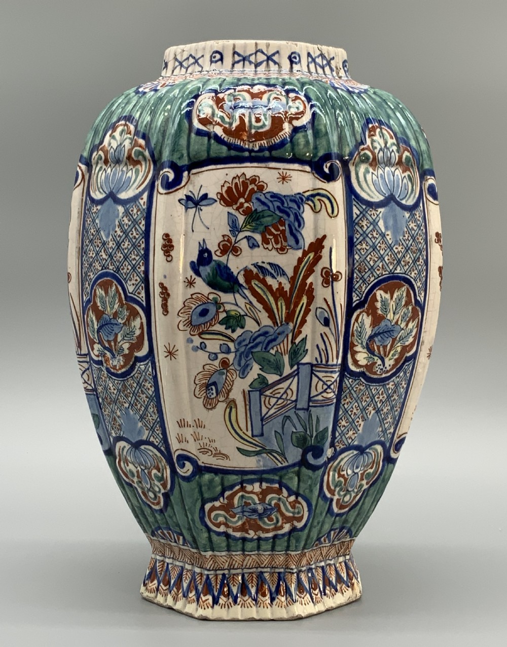 Huge Pair c. 1800 Dutch Delft Polychrome Chinoiserie Ribbed Vases Vase View XIV