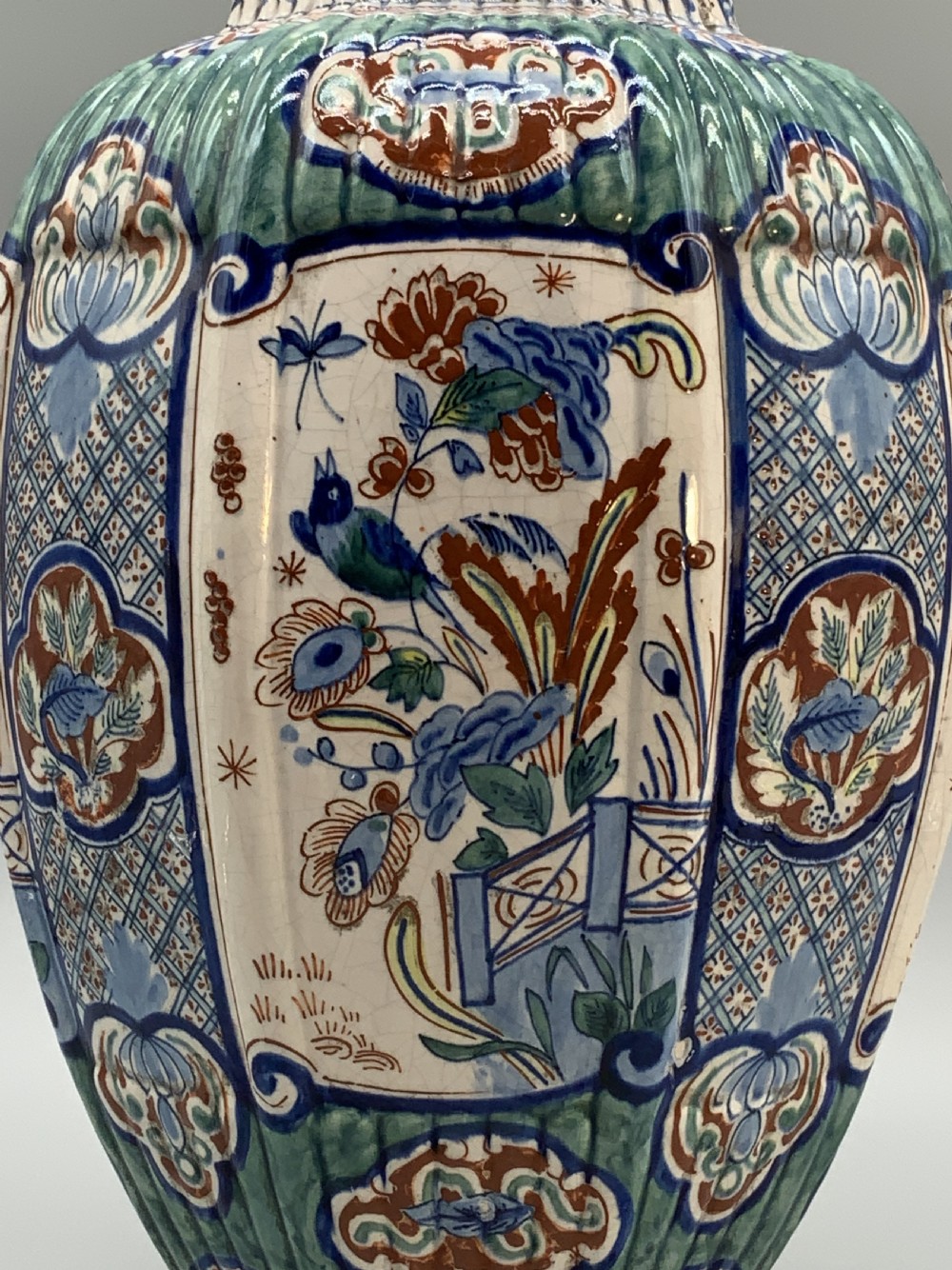 Huge Pair c. 1800 Dutch Delft Polychrome Chinoiserie Ribbed Vases Vase View XV