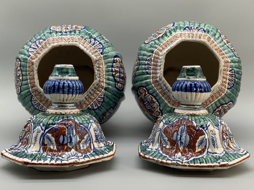 Huge Pair c. 1800 Dutch Delft Polychrome Chinoiserie Ribbed Vases Vase View XVI