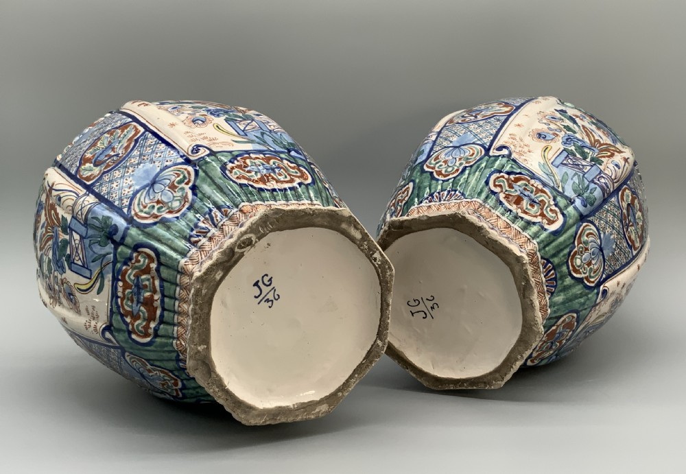 Huge Pair c. 1800 Dutch Delft Polychrome Chinoiserie Ribbed Vases Vase View XVII