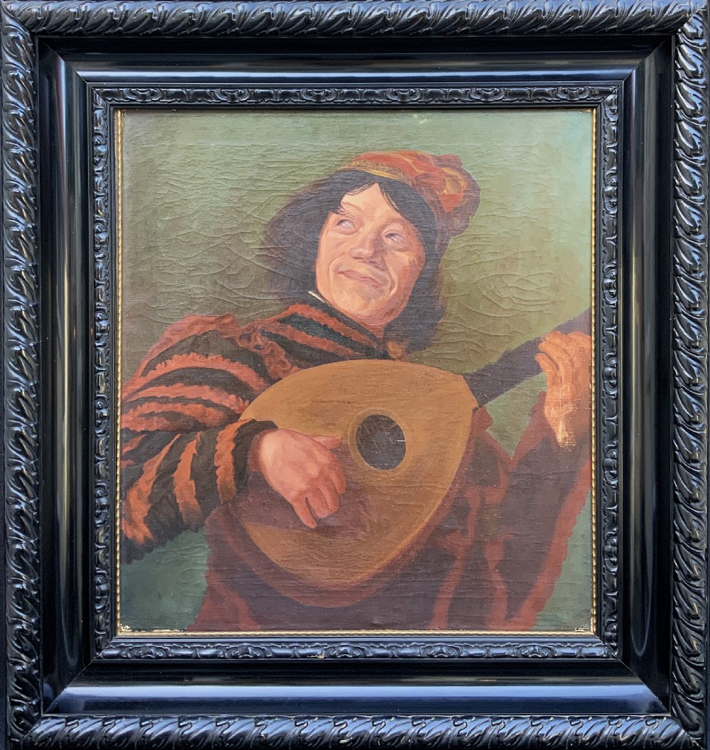 An oil painting on canvas depicting a seated musician playing a lute in a red and black striped tunic against an olive green background, housed within a dark carved frame.
