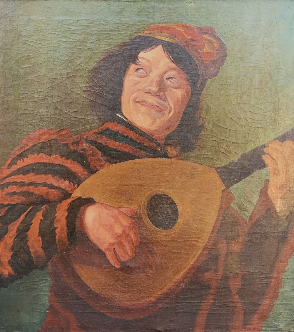 An oil painting on canvas depicting a seated musician playing a lute in a red and black striped tunic against an olive green background, housed within a dark carved frame. View II